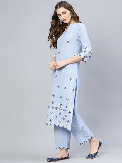 Women's  Blue & White Embroidered Kurta with Palazzos