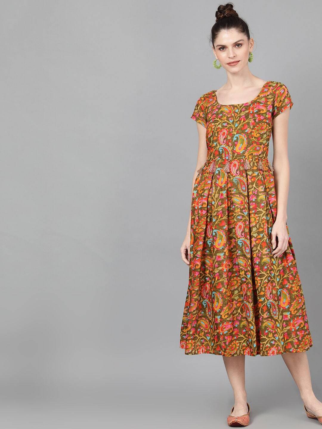 Women's  Olive Green & Orange Floral Printed Fit and Flare Dress