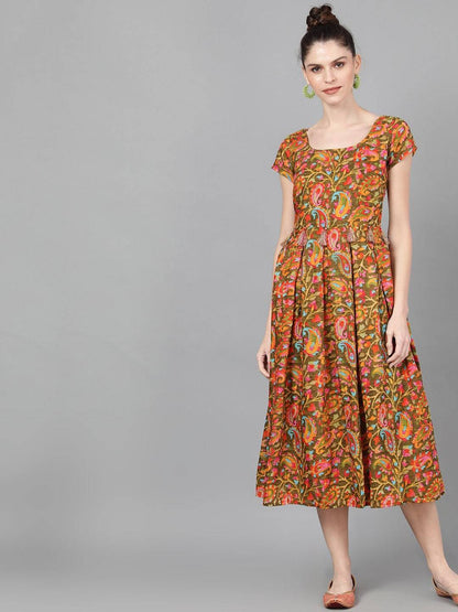 Women's  Olive Green & Orange Floral Printed Fit and Flare Dress