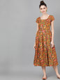 Women's  Olive Green & Orange Floral Printed Fit and Flare Dress