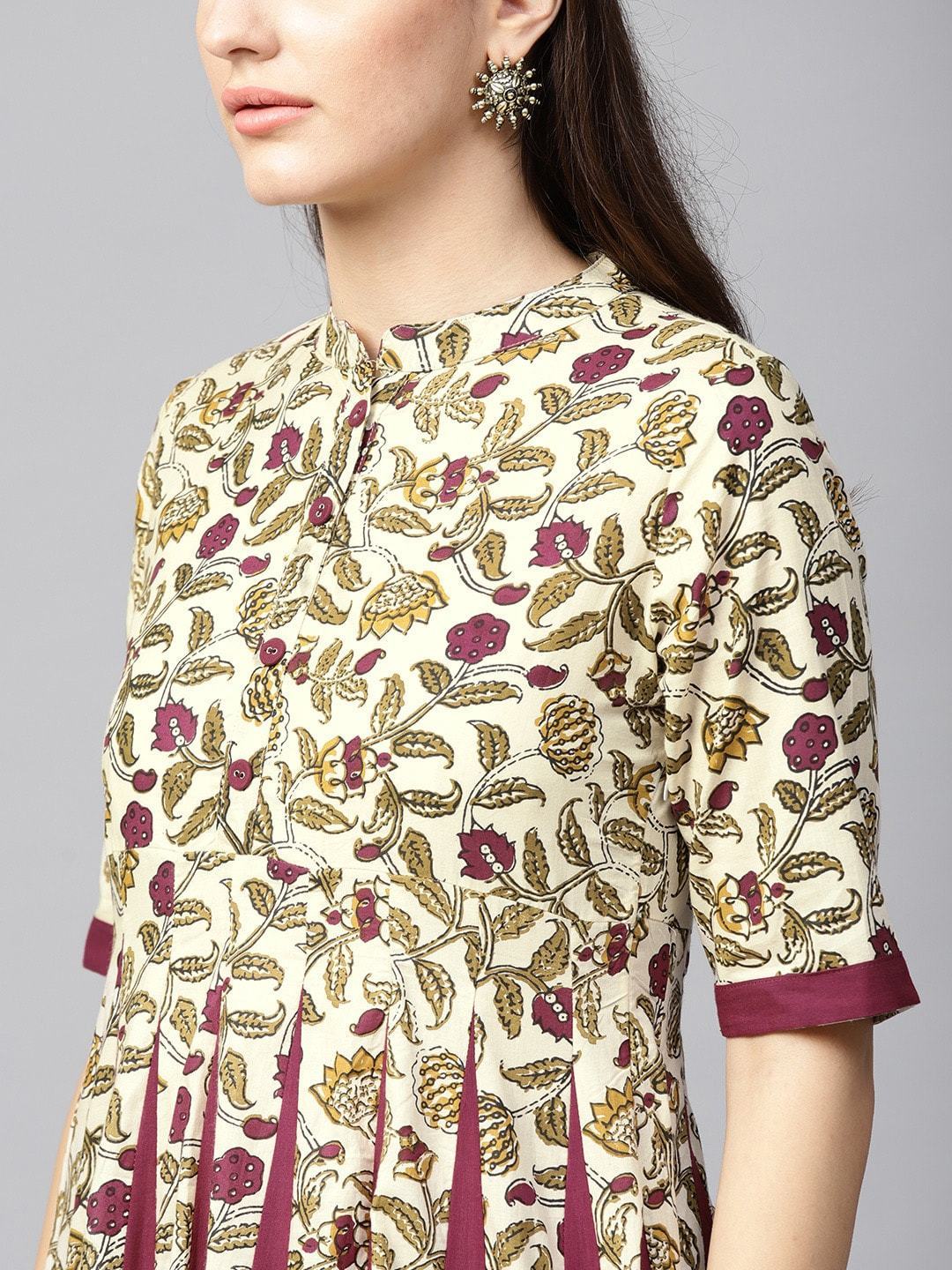 Women's  Beige & Maroon Printed Anarkali Kurta