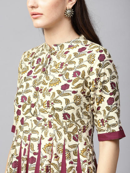 Women's  Beige & Maroon Printed Anarkali Kurta