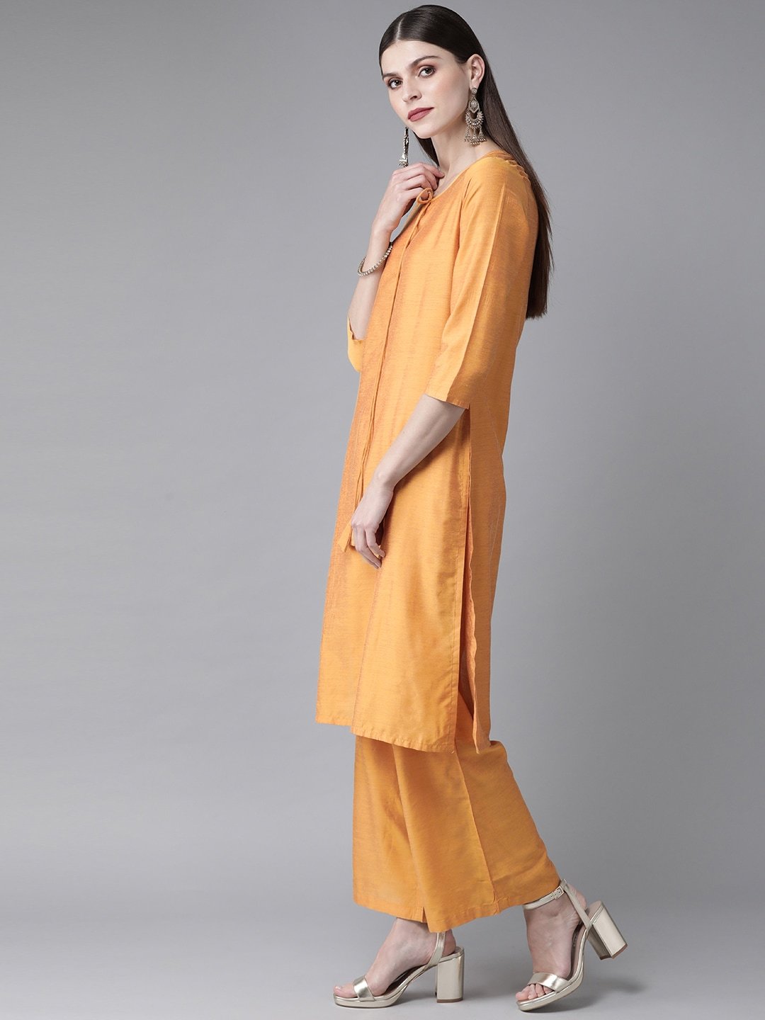 Women's  Mustard Yellow & Teal Blue Solid Kurta with Palazzos & Dupatta