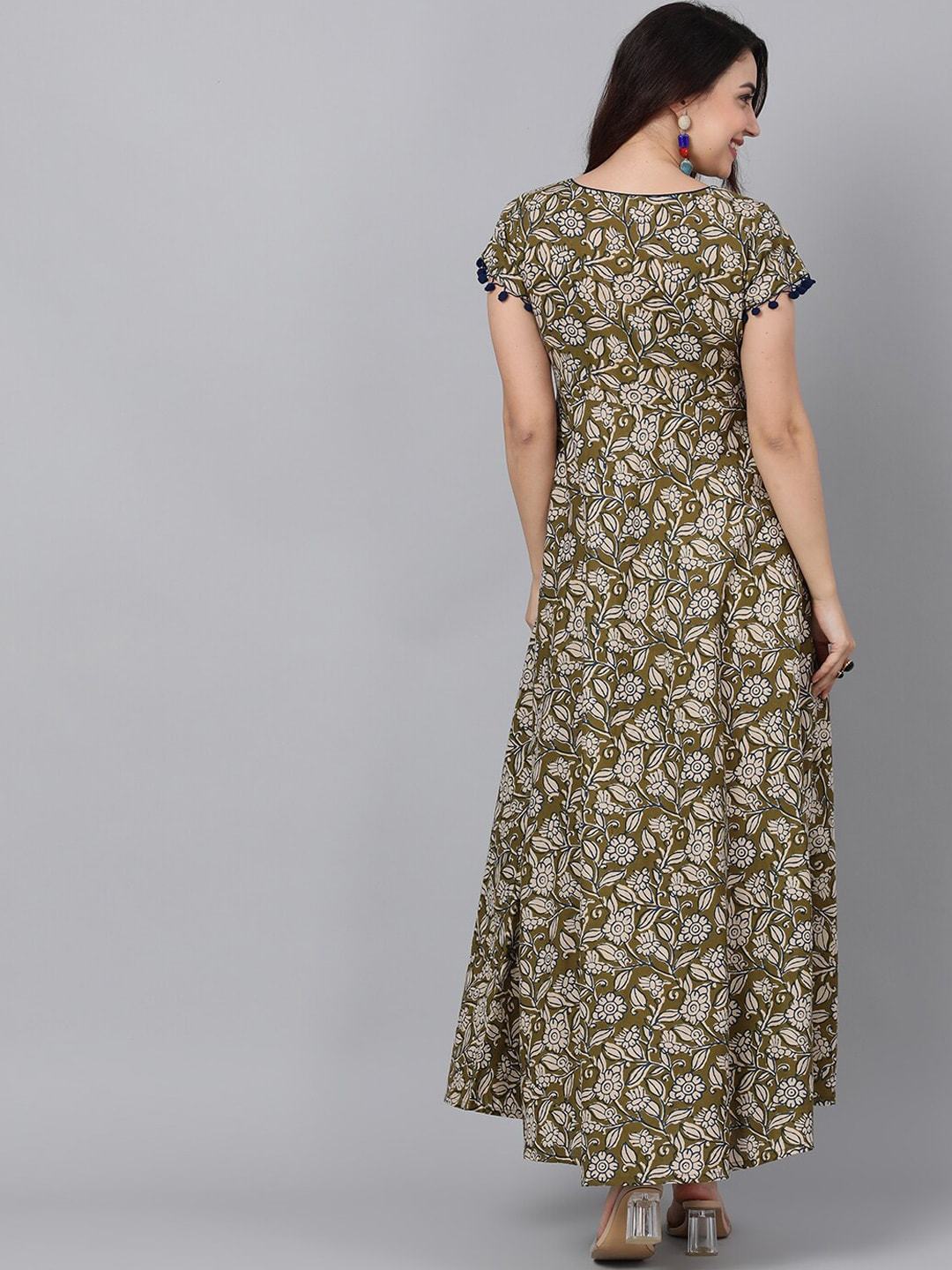 Women's  Olive Green & Beige Printed Maxi Dress