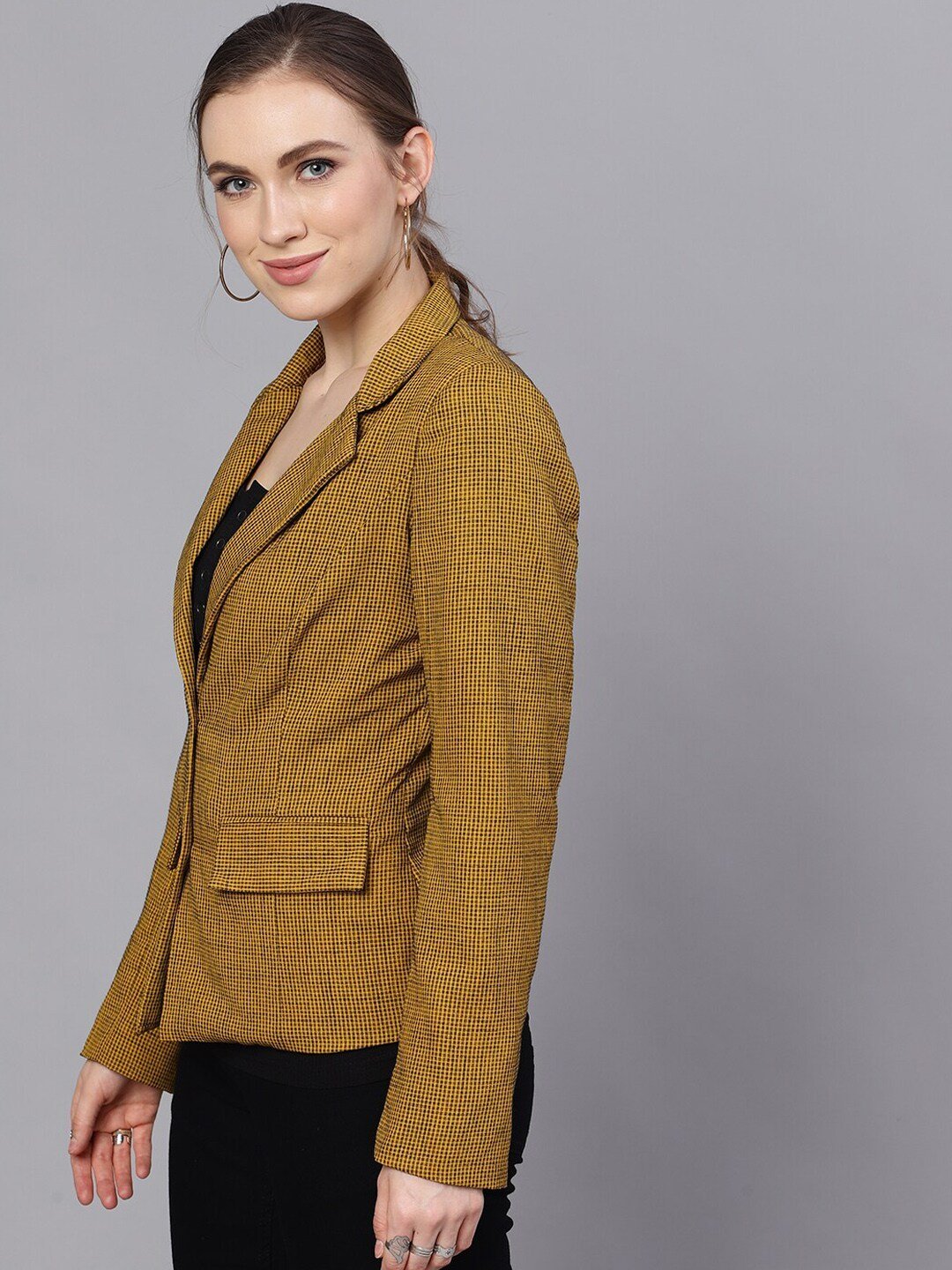 Women's  Mustard Checked Gingham Checked Blazer