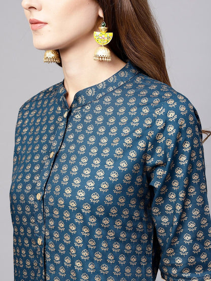 Women's  Teal Blue & Golden Printed Straight Kurta