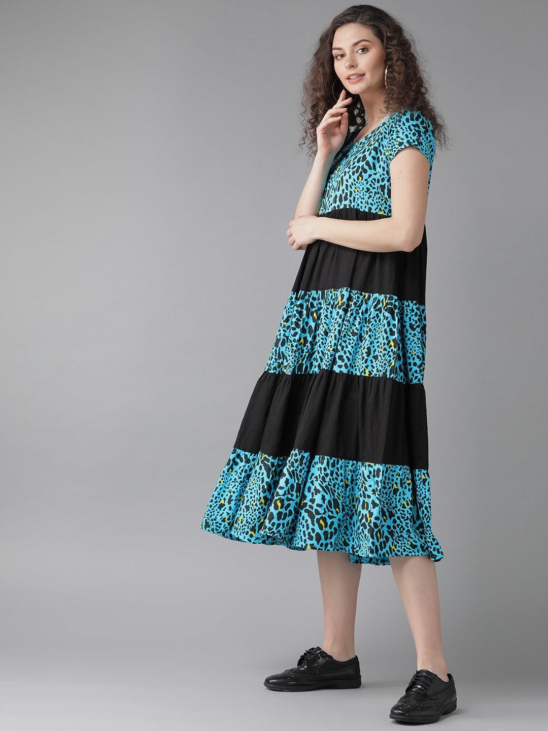 Women's  Blue & Black Animal Printed Fit & Flare Dress