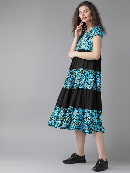 Women's  Blue & Black Animal Printed Fit & Flare Dress