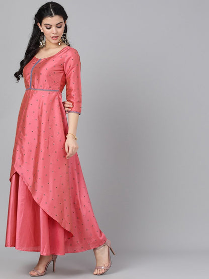 Women's  Pink Embroidered Layered Ethnic Maxi Dress