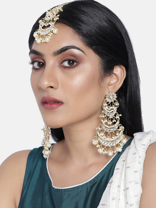 Women's Traditional Gold Plated Chandbali Kundan & Pearl Earring Set with Maang Tikka