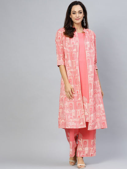 Women's  Pink & Off-White Khari Print Layered A-Line Kurta