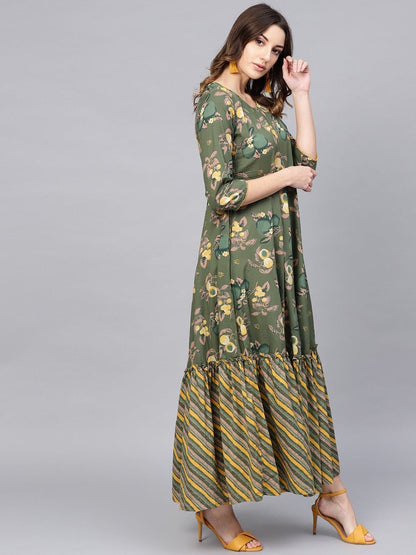 Women's  Green & Yellow Floral Printed Maxi Dress