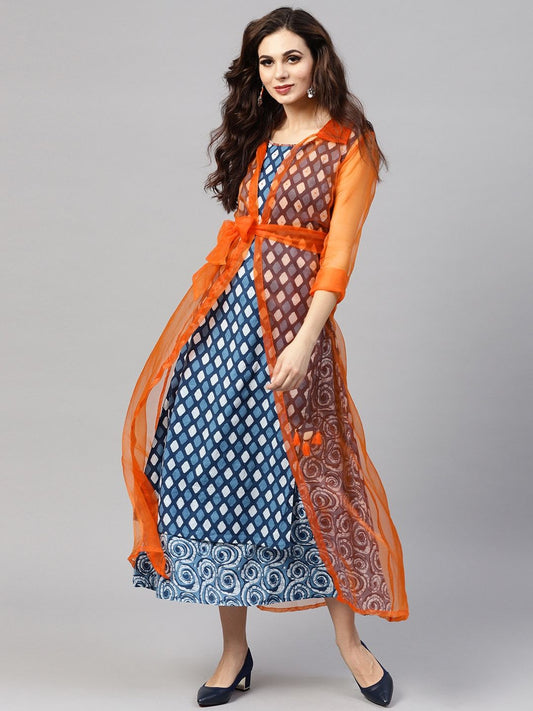 Women's  Orange Sheer Solid Lightweight Longline Ethnic Jacket