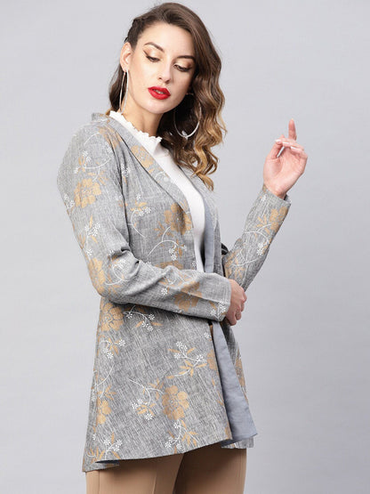 Women's  Grey & Golden Printed Front Open Blazer