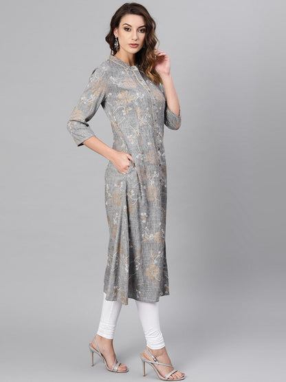 Women's  Grey & Golden Floral Printed A-Line Kurta