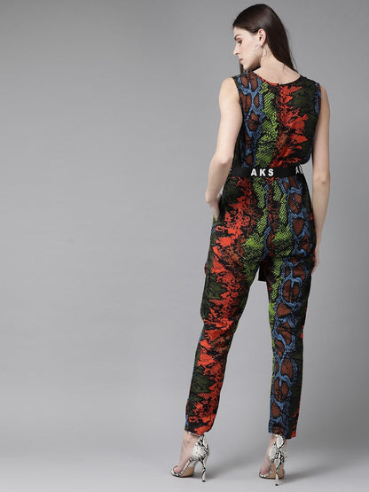 Women's  Orange & Black Snakeskin Print Basic Jumpsuit