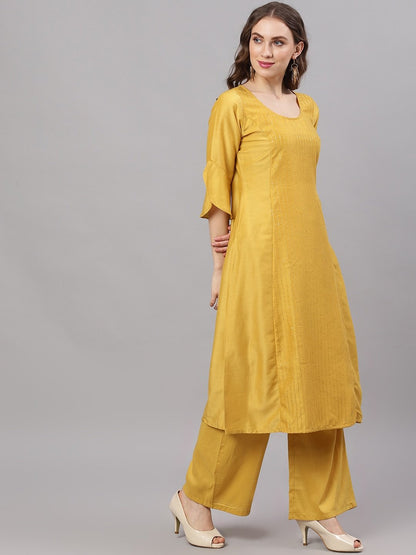 Women's  Mustard Yellow Embroidered Kurta with Palazzos