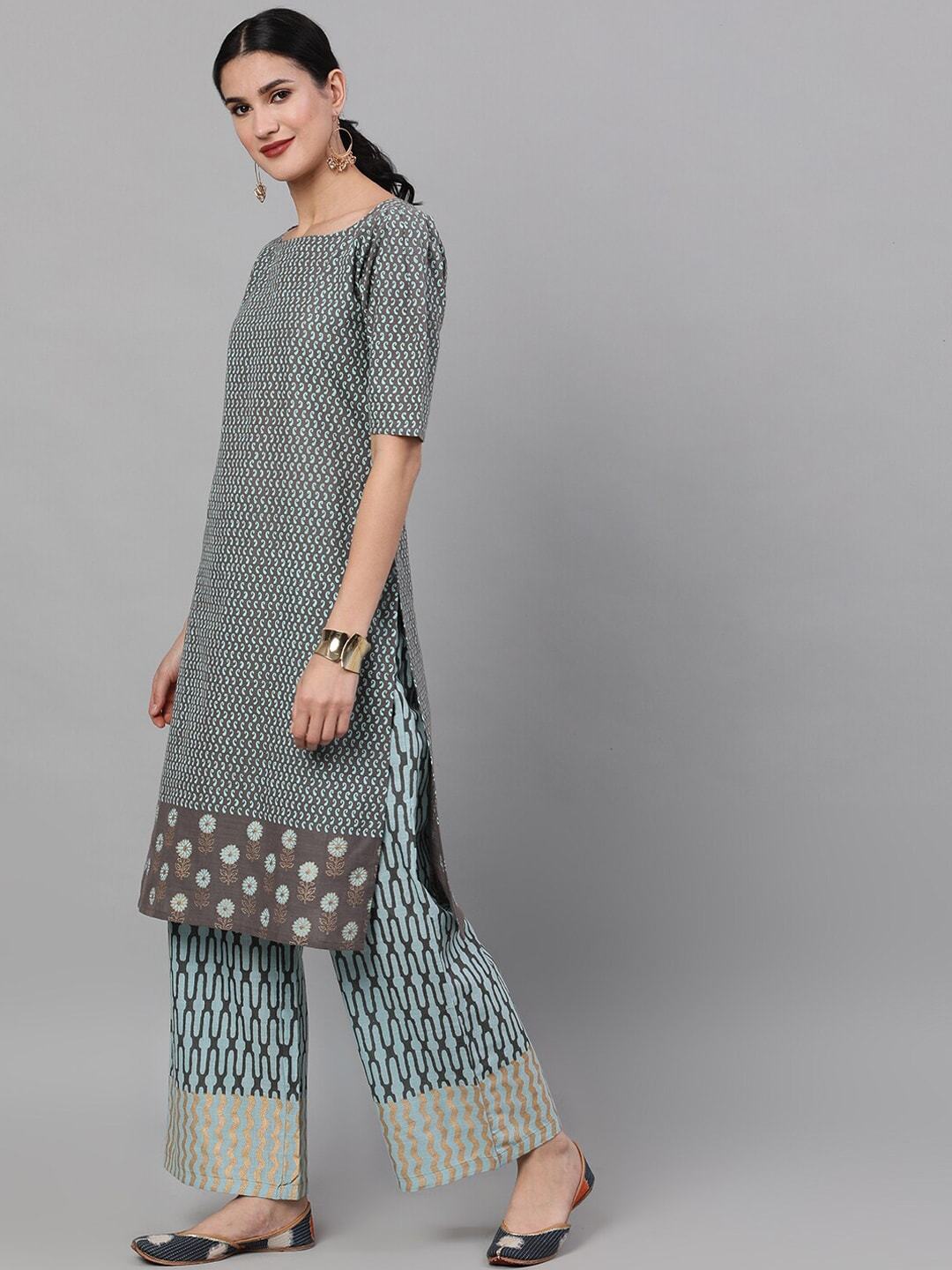 Women's  Grey & Blue Printed Kurta with Palazzos