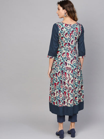 Women's  Off-White & Navy Blue Printed A-Line Kurta