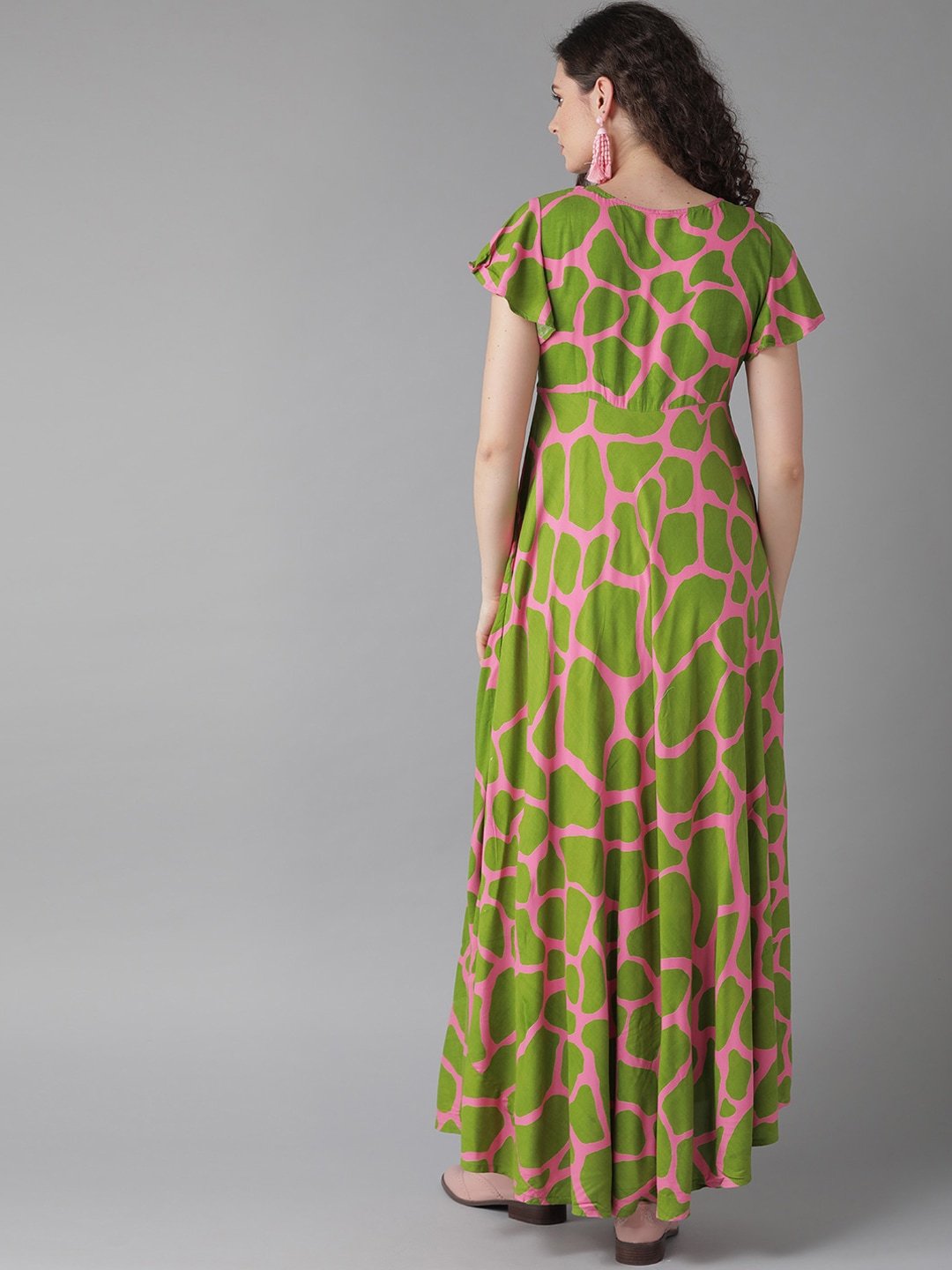 Women's  Green And Pink Printed Maxi Dress