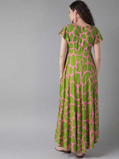 Women's  Green And Pink Printed Maxi Dress