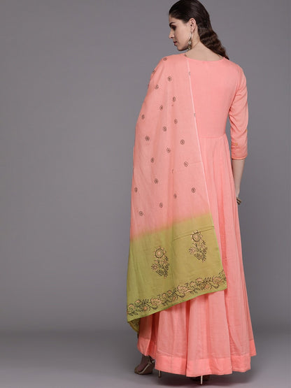 Women's  Peach-Coloured & Golden Yoke Design Anarkali Kurta With Dupatta