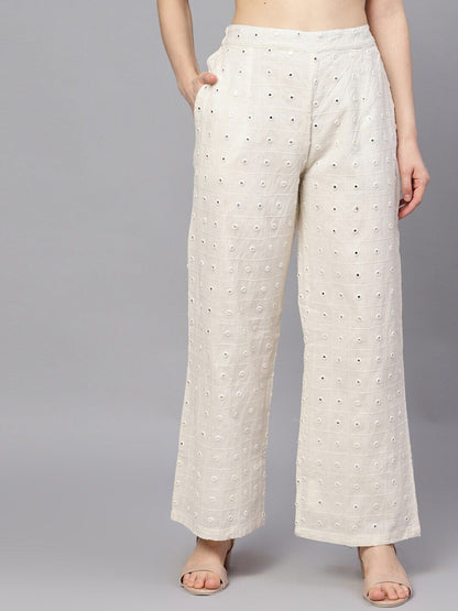 Women's  Off-White Embroidered Flared Palazzos