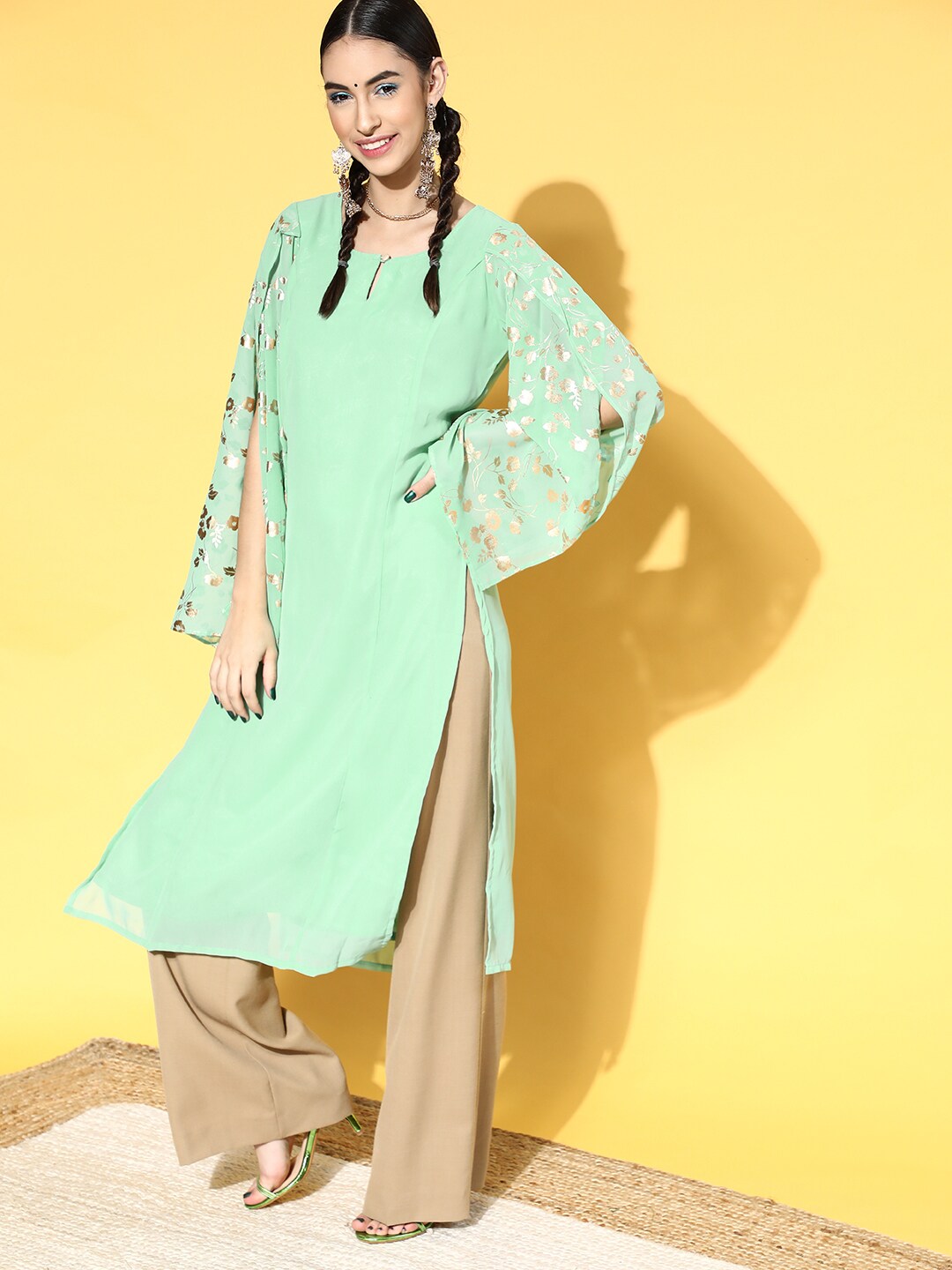 Women's Sea Green Gold Foil Print Kurta With Potli Bag