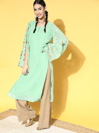 Women's Sea Green Gold Foil Print Kurta With Potli Bag