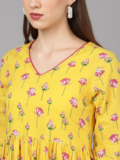 Women's  Yellow & Magenta Printed Anarkali Kurta