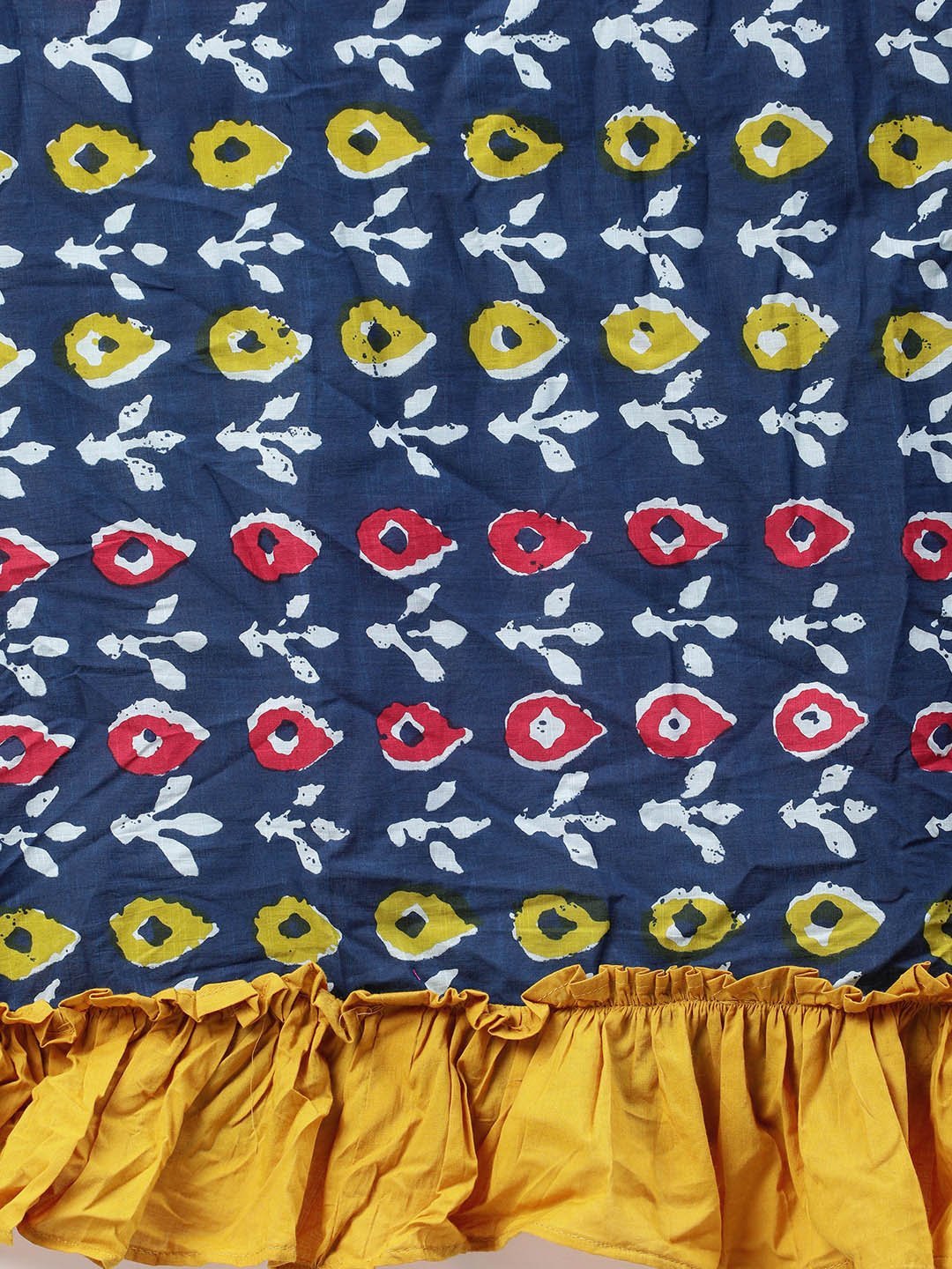 Women's Blue & Yellow Cotton Printed Saree With Wrap On Blouse
