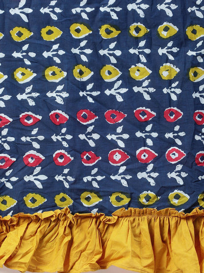 Women's Blue & Yellow Cotton Printed Saree With Wrap On Blouse