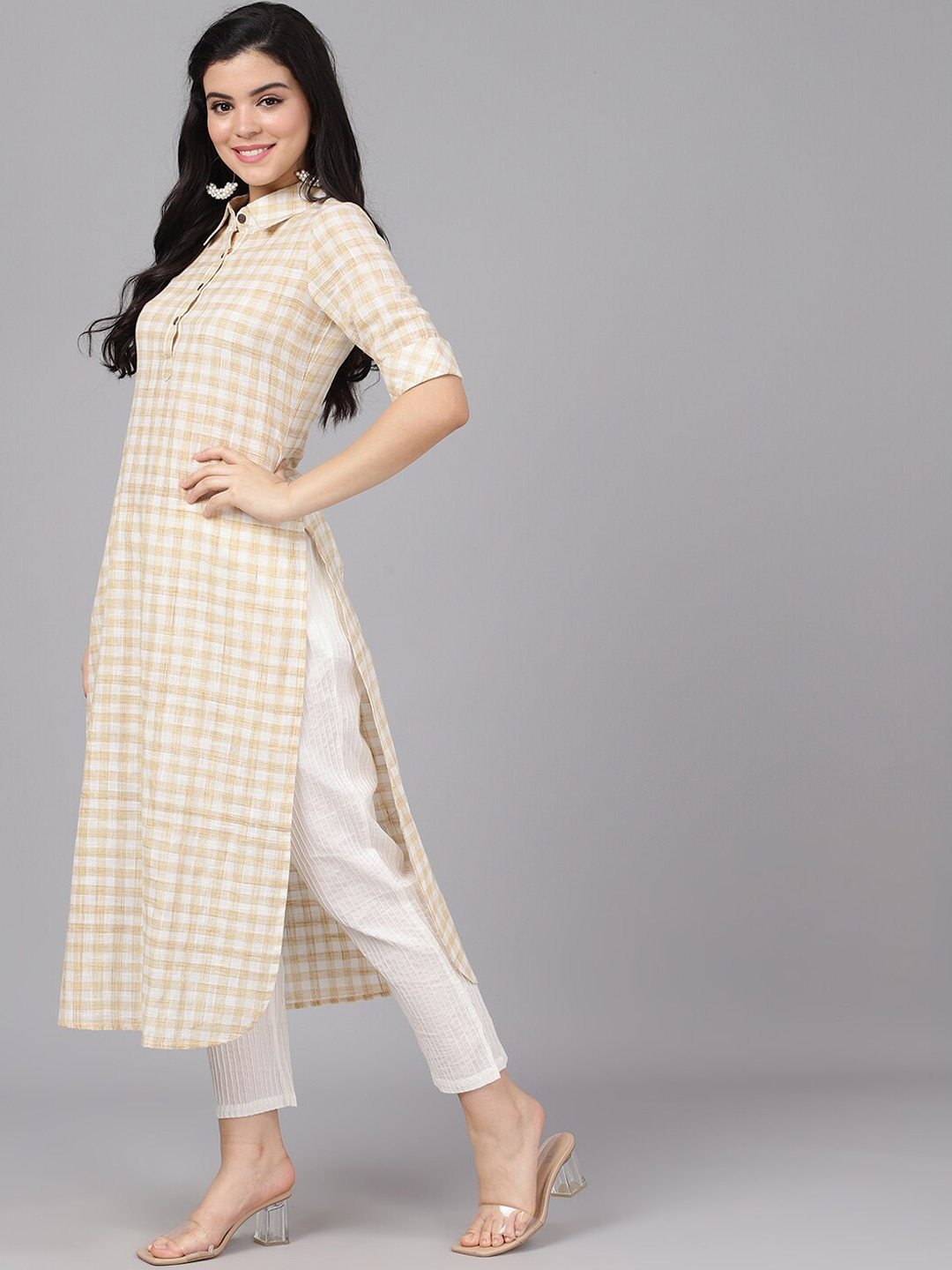 Women's  Cream-Coloured & White Checked Yarn Dyed Pathani Kurta