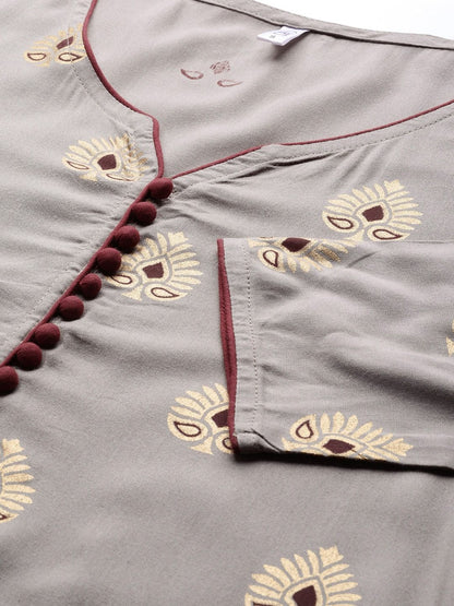 Women's  Grey & Maroon Printed Kurta with Palazzos