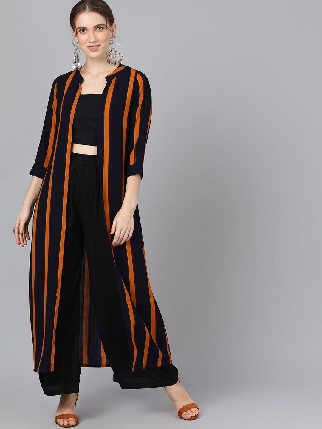 Women's  Navy Blue & Yellow Striped Open Front Jacket
