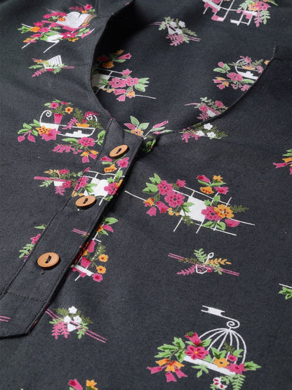 Women's  Grey & Pink Printed A-Line Kurta