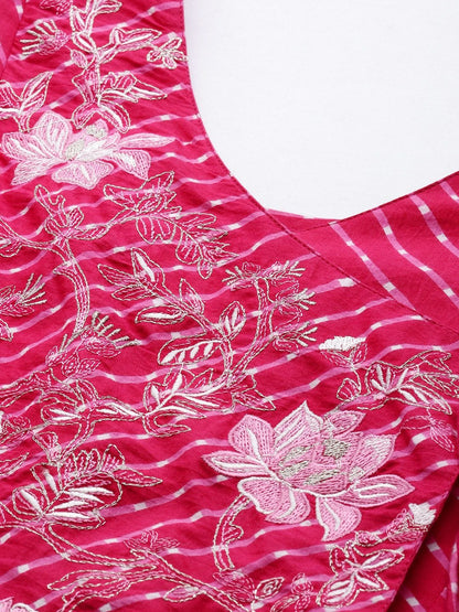 Women's Pink & White Leheriya Printed Angrakha Kurta With Embroidery