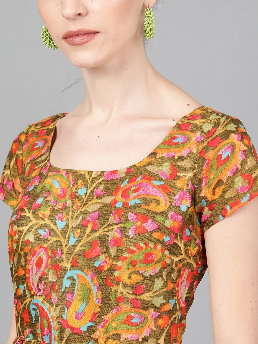 Women's  Olive Green & Orange Floral Printed Fit and Flare Dress