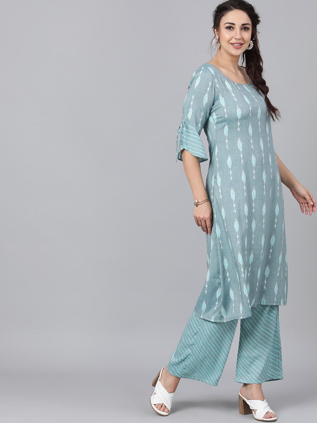Women's  Grey & Sea Green Woven Design Kurta with Palazzos