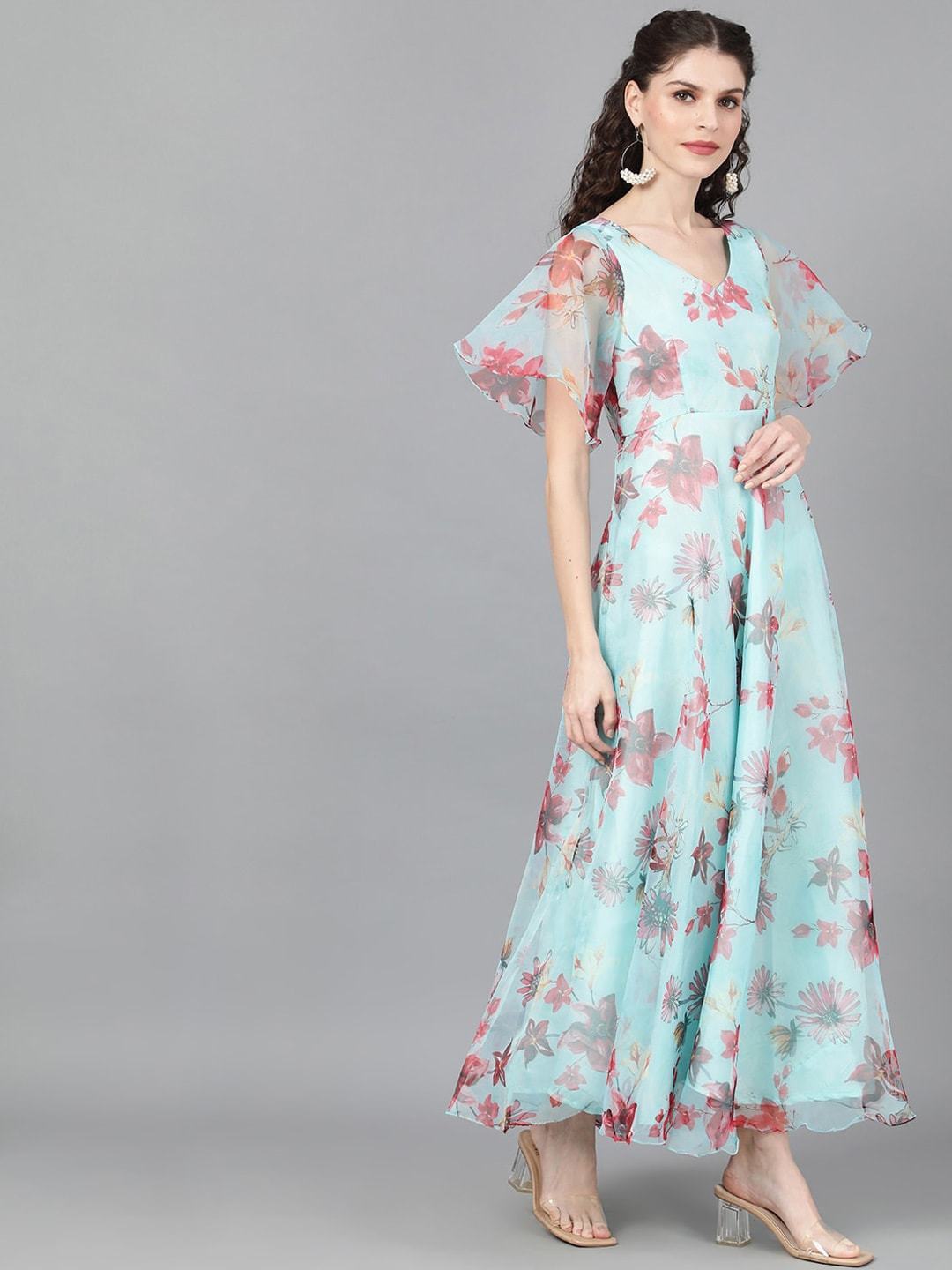 Women's  Turquoise Blue & Pink Floral Printed Maxi Dress