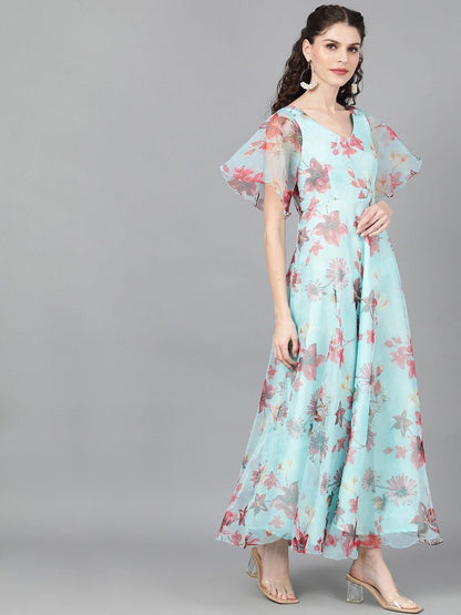 Women's  Turquoise Blue & Pink Floral Printed Maxi Dress