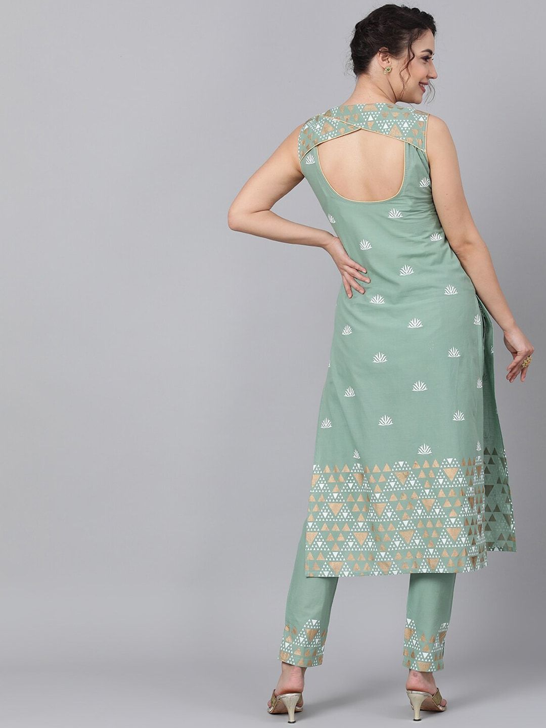 Women's  Sea Green Khari Printed Kurta with Trousers