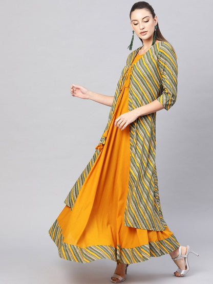 Women's  Green & Mustard Yellow Printed Layered Maxi Dres