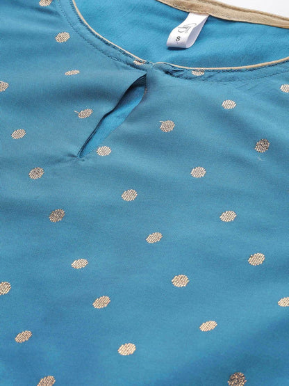 Women's  Blue & Golden Woven Design Kurta with Palazzos & Dupatta
