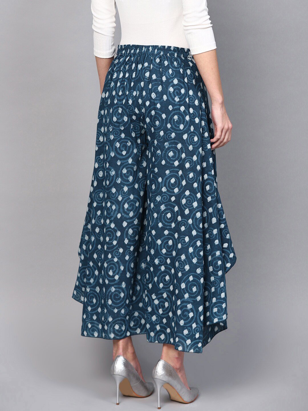Women's  Blue & White Flared Block Print Palazzos