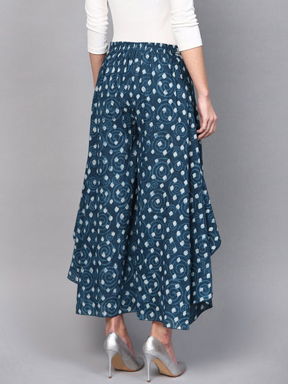 Women's  Blue & White Flared Block Print Palazzos