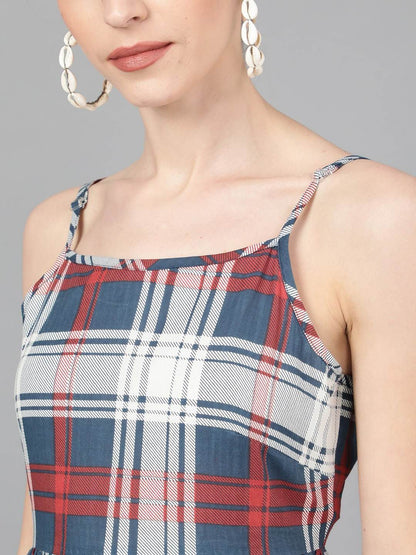 Women's  Blue & Red Checked Maxi Dress