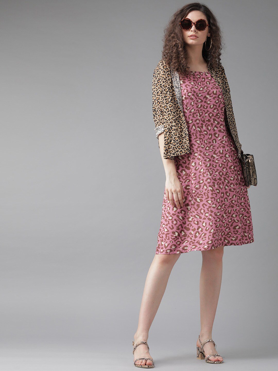 Women's  Pink & Brown Leopard Print A-Line Dress