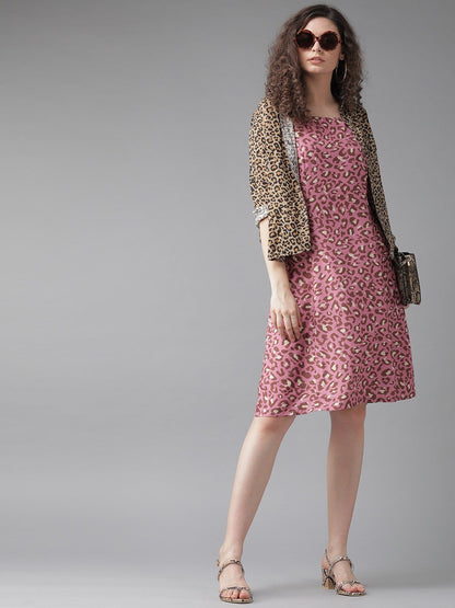 Women's  Pink & Brown Leopard Print A-Line Dress