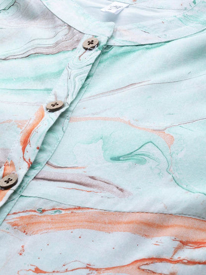 Women's  Sea Green & Orange Abstract Printed A-Line Tunic